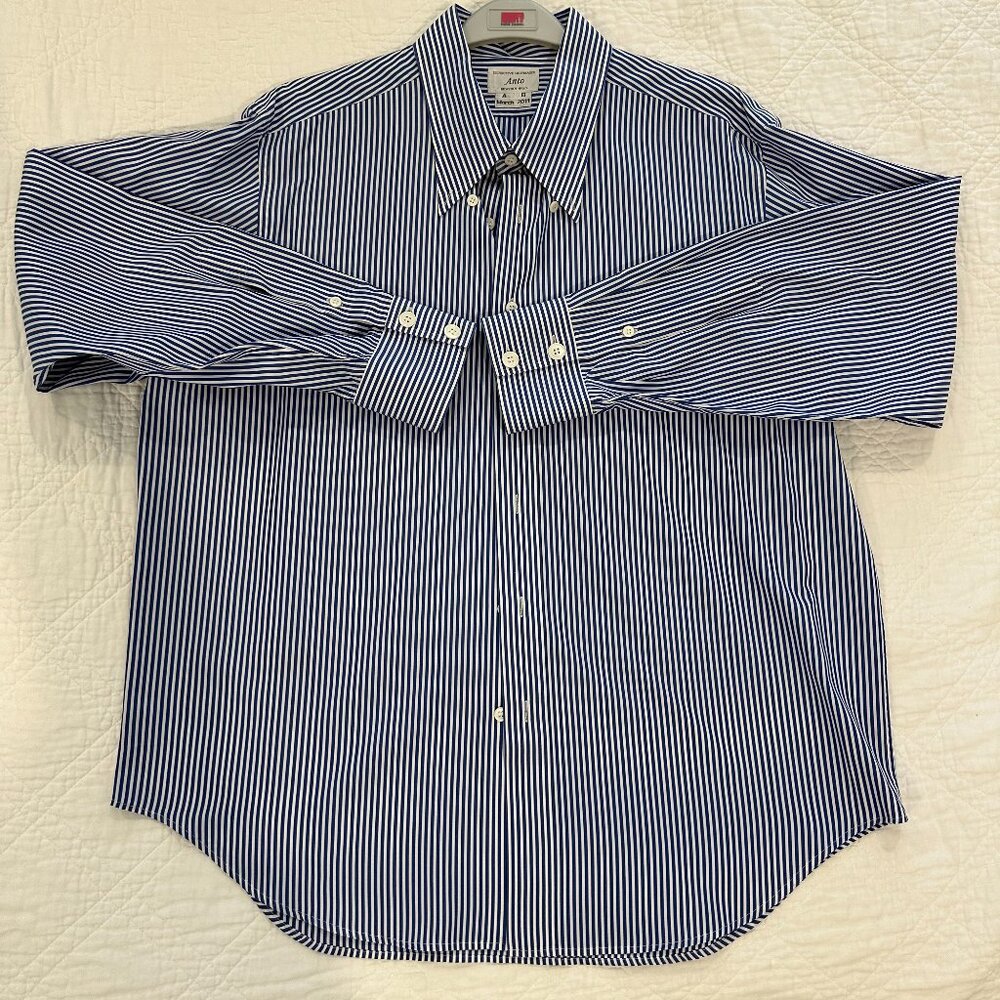 Anto Beverly Hills Custom-Made Button-Down Men Dress Shirt Blue & White Stripes